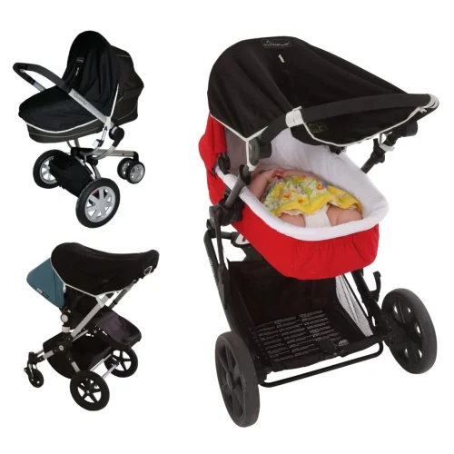 Three strollers are shown: one with a red bassinet carrying a baby, and two black strollers—one with a blue seat and one with a black seat—all on a white background, perfect for your next SnoozeShade pram shade review.