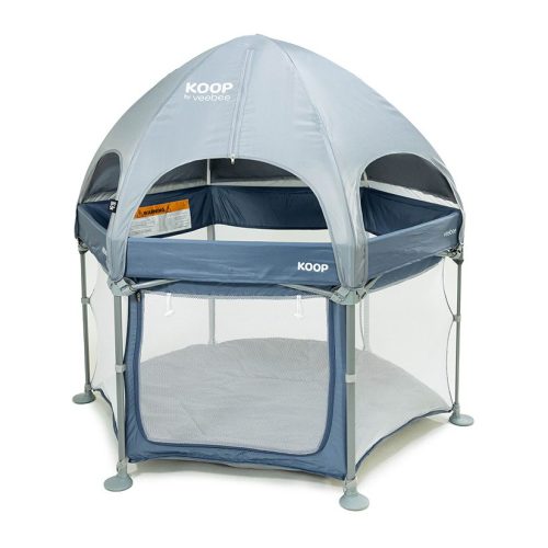 A gray KOOP Play Yard with a dome-shaped canopy, mesh sides, and soft floor features the KOOP by veebee label—designed for safely containing infants or toddlers. Perfect for parents seeking a trusted option after reading a KOOP Play Yard review.