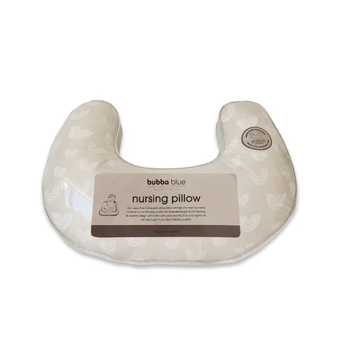 A Bubba Blue Nordic Air+ Nursing Pillow in a U-shape with a soft, light-colored cover featuring a subtle rainbow pattern and a label describing it as designed for comfortable feeding support. See our Bubba Blue Nordic Air+ Nursing Pillow review for more details.
