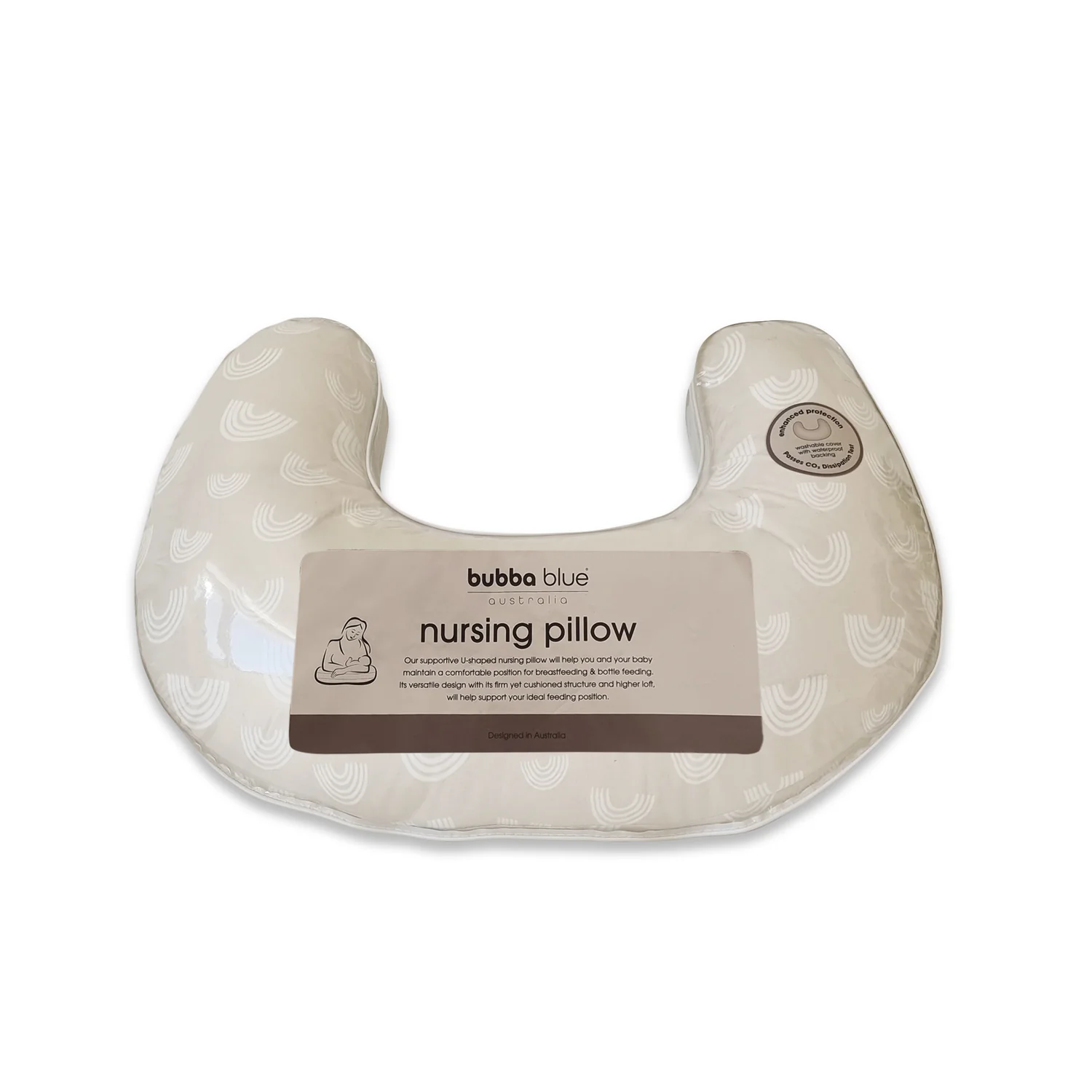 A Bubba Blue Nordic Air+ Nursing Pillow in a U-shape with a soft, light-colored cover featuring a subtle rainbow pattern and a label describing it as designed for comfortable feeding support. See our Bubba Blue Nordic Air+ Nursing Pillow review for more details.