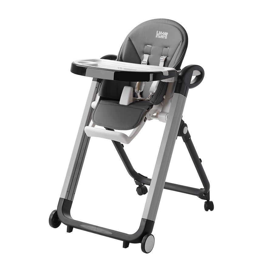 A modern, gray and white Little Riders high chair with a tray, footrest, and wheels. This chair has a padded seat and adjustable features, making it ideal for feeding or seating babies or toddlers—see our Little Riders high chair review for details.