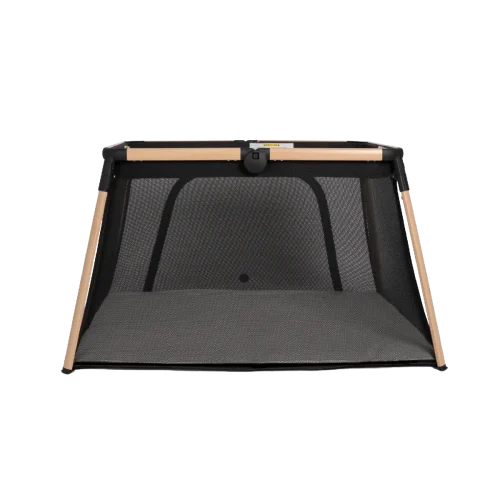 A black mesh playpen with wooden frame sides, viewed from the front, showing the interior and mesh walls—perfect for your Babybee ARLO Portacot review.