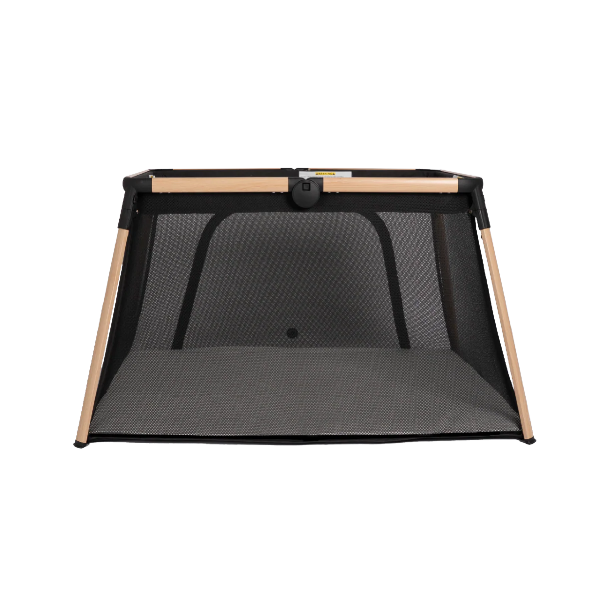 A black mesh playpen with wooden frame sides, viewed from the front, showing the interior and mesh walls—perfect for your Babybee ARLO Portacot review.