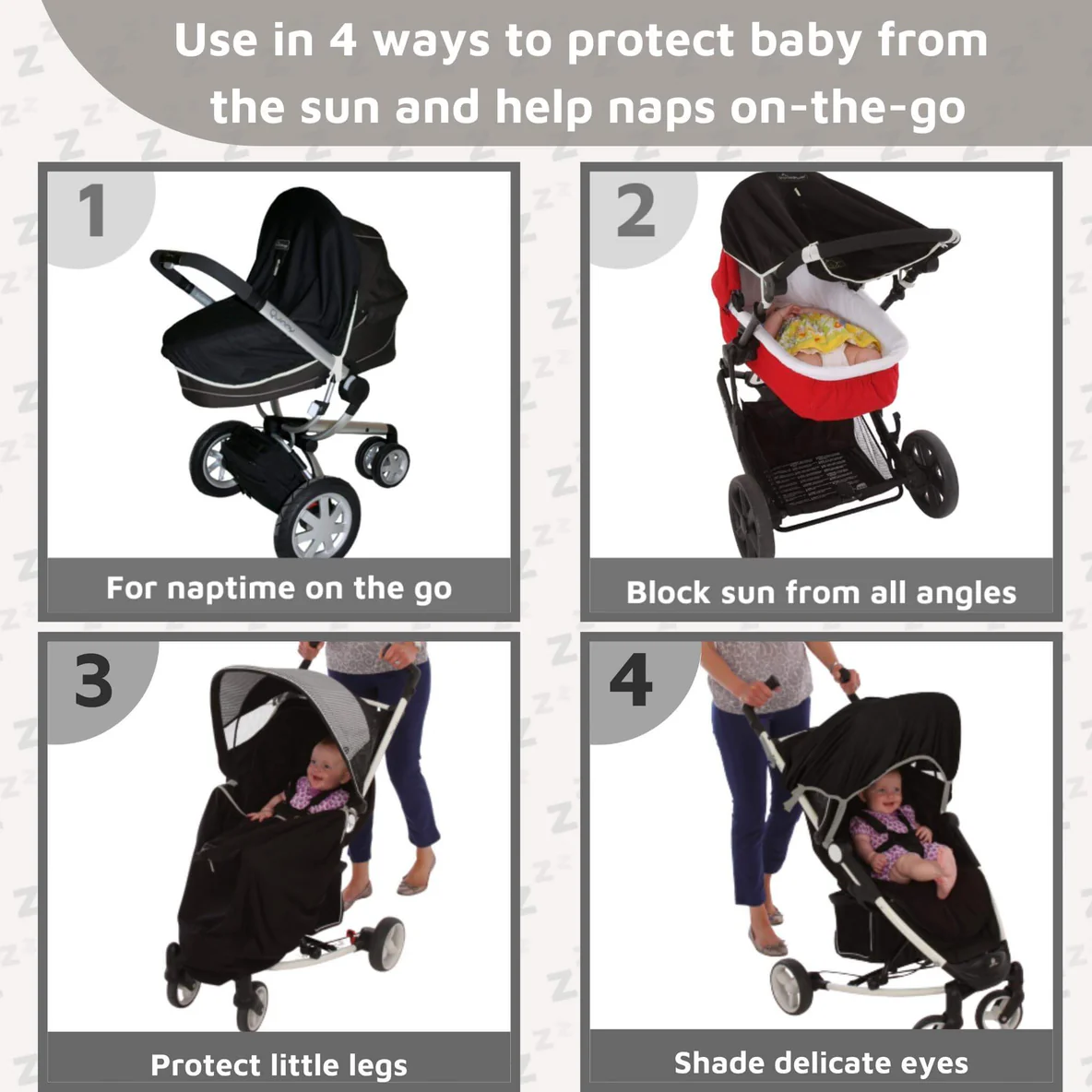 Four images show a baby stroller used in different ways: as a bassinet for naps, with the SnoozeShade pram shade covering all sides, with its canopy protecting a baby’s legs, and shading a baby lying in the stroller.
