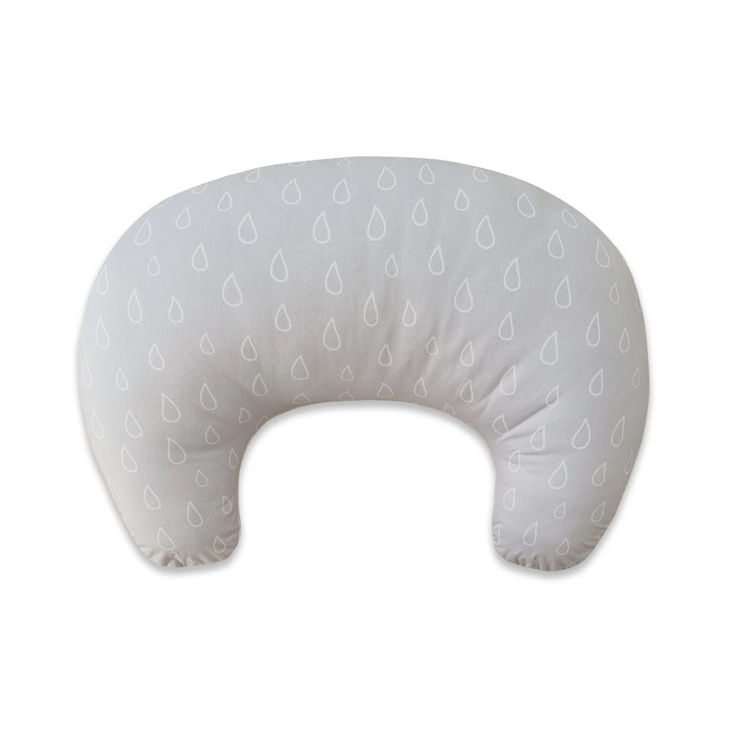 Gray U-shaped Bubba Blue Nordic Air+ Nursing Pillow with a pattern of small white teardrop shapes evenly spaced across the fabric, shown on a plain white background. Perfect for feeding comfort—see our Bubba Blue Nordic Air+ Nursing Pillow review.