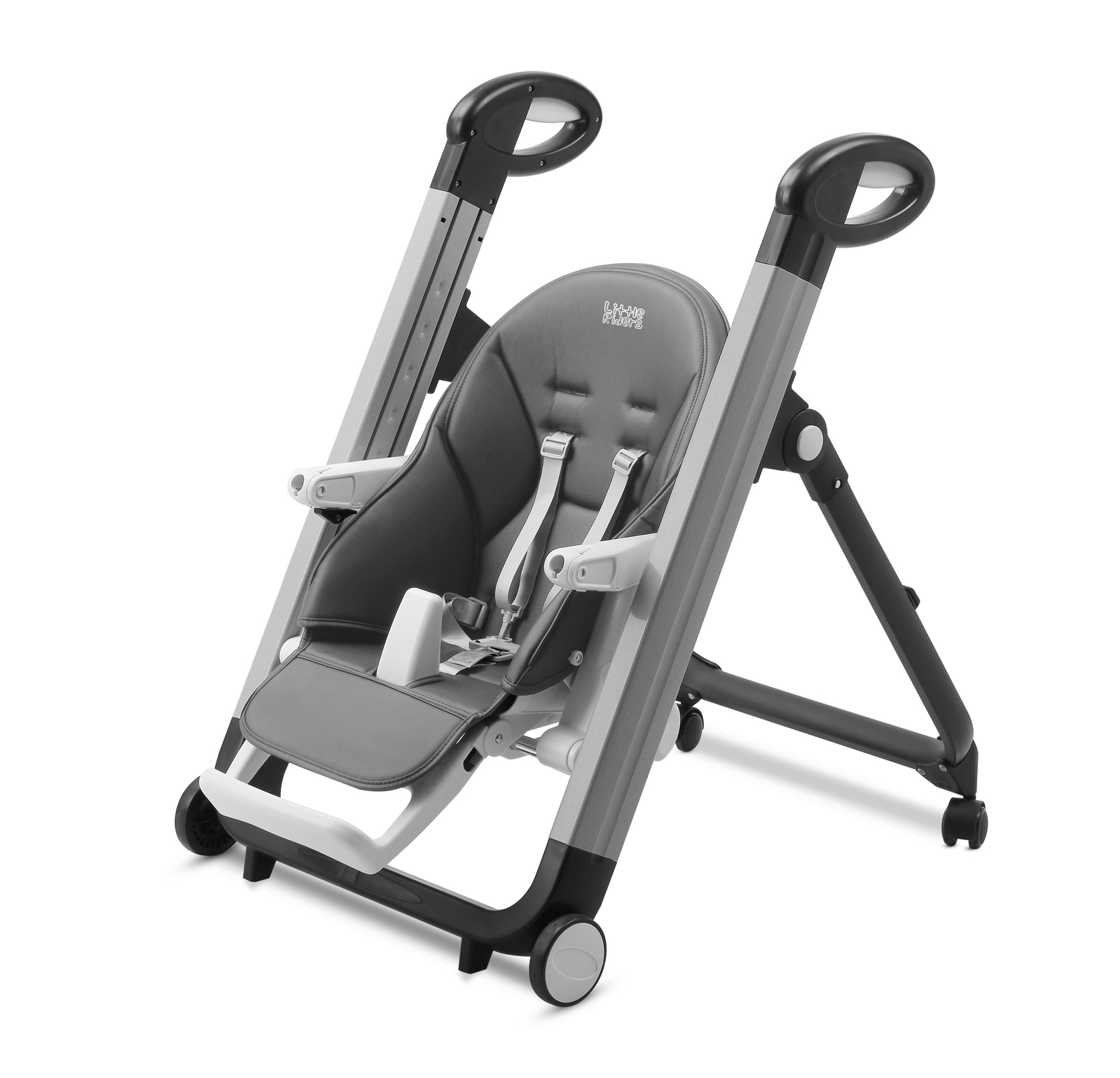 A modern gray and black baby high chair with a safety harness, adjustable seat, and sturdy A-frame legs on wheels—experience easy mobility and stability inspired by the Little Riders high chair review.
