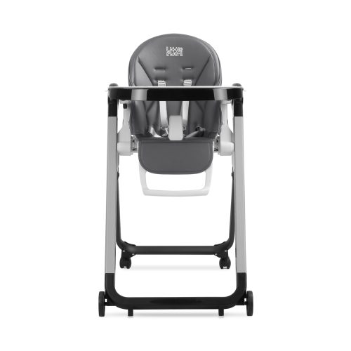 A modern Little Riders high chair, featuring a gray padded seat, white plastic frame, and black metal legs. Viewed from the front, it includes a safety harness and rear wheels for easy mobility—perfect for any high chair review.