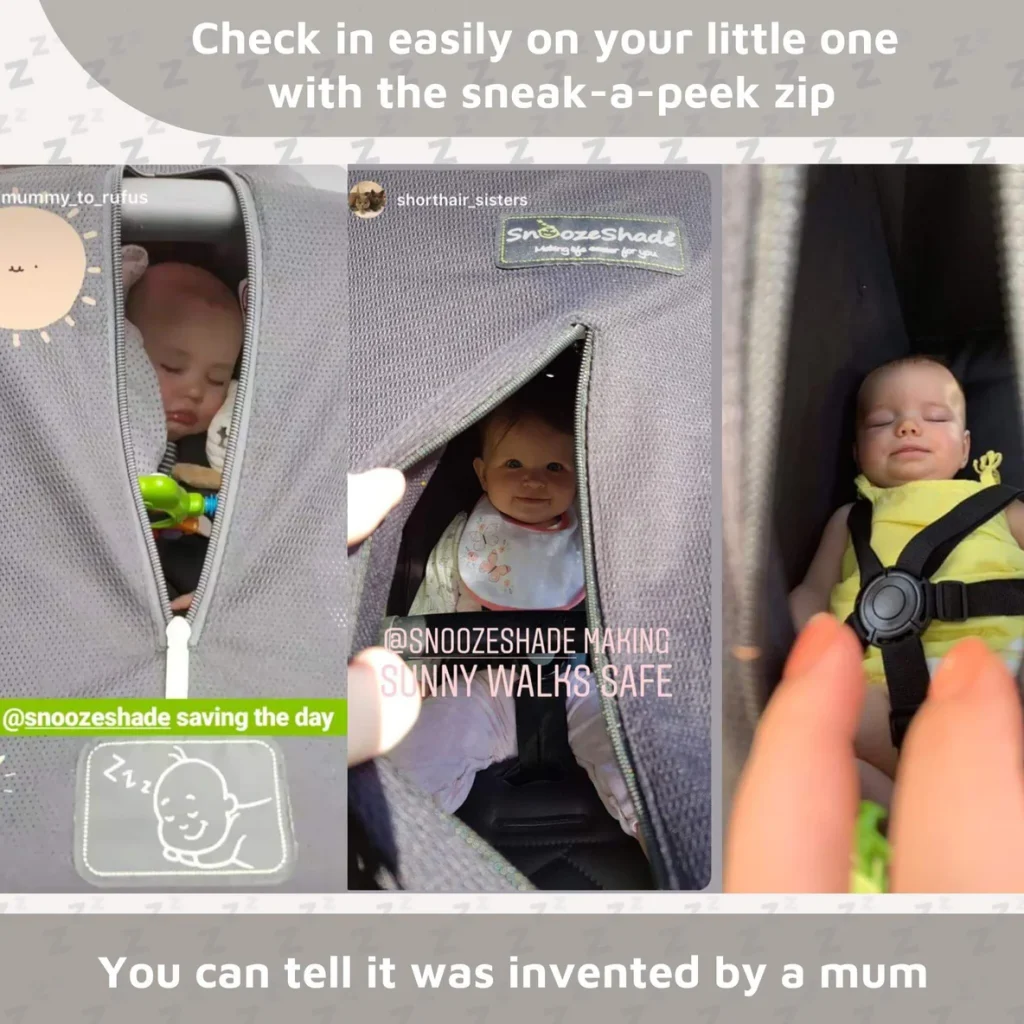 Three babies sleep in strollers covered by black SnoozeShade sunshades, one with the zip opened to check inside. Text highlights the “sneak-a-peek zip” feature and notes it was “invented by a mum.” Read a real SnoozeShade pram shade review!.
