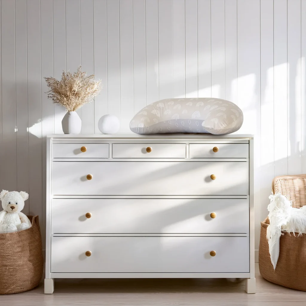 A white dresser with wooden knobs stands against a white-paneled wall. On top are a Bubba Blue Nordic Air+ Nursing Pillow and a vase of dried flowers. Wicker baskets, one holding a teddy bear, sit on either side as sunlight streams in.