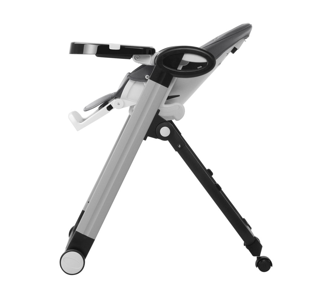A modern, foldable high chair with a sleek design is shown in a side view. The Little Riders high chair features a black and gray frame, adjustable seat, and wheels on the rear legs for easy mobility.